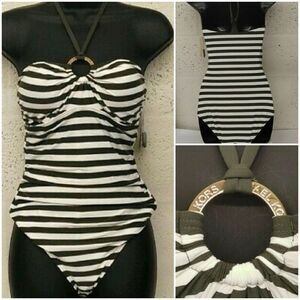 Michael Kors LOGO Tie-Front halter green striped women's One-Piece Swimsuit sz 6